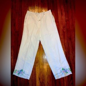 Jillian Jones White Linen Embroidered Pants Sz 14 Plus Size Beaded Flowers